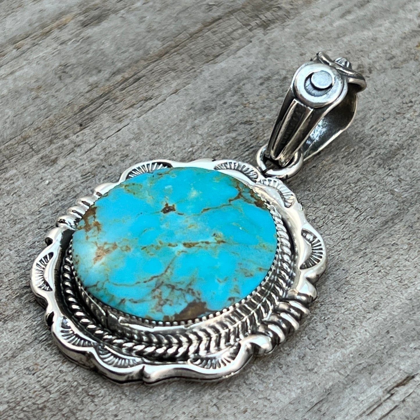 Kingman Turquoise Pendant Sterling silver Navajo handmade Jeremy Delgarito 557