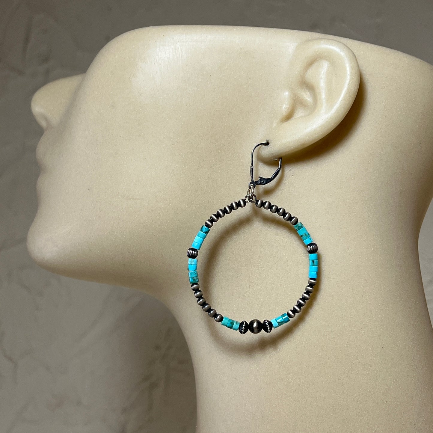 Blue Kingman Turquoise skinny hoop earrings Sterling silver Western pearls  804