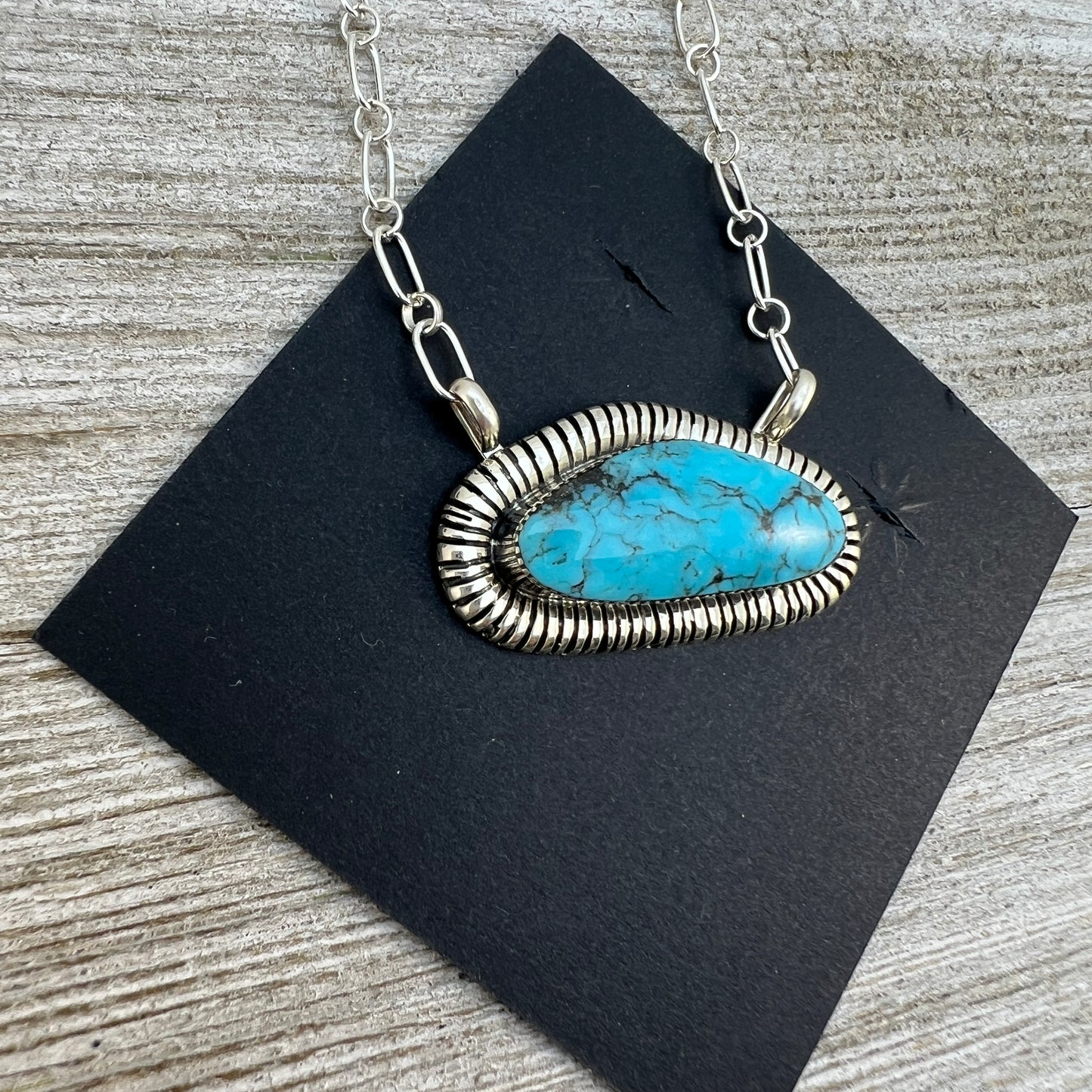 21" Blue Kingman turquoise bar necklace #4, Navajo handmade Charlene Yazzie, sterling silver