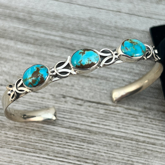 6 1/2" - 7" Kingman Turquoise narrow stacker cuff bracelet #2, Navajo handmade Thomas Yazzie, sterling silver artist signed