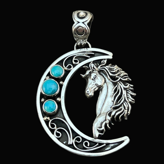 Blue turquoise horse moon pendant sterling silver Jennifer Cayaditto Navajo 822