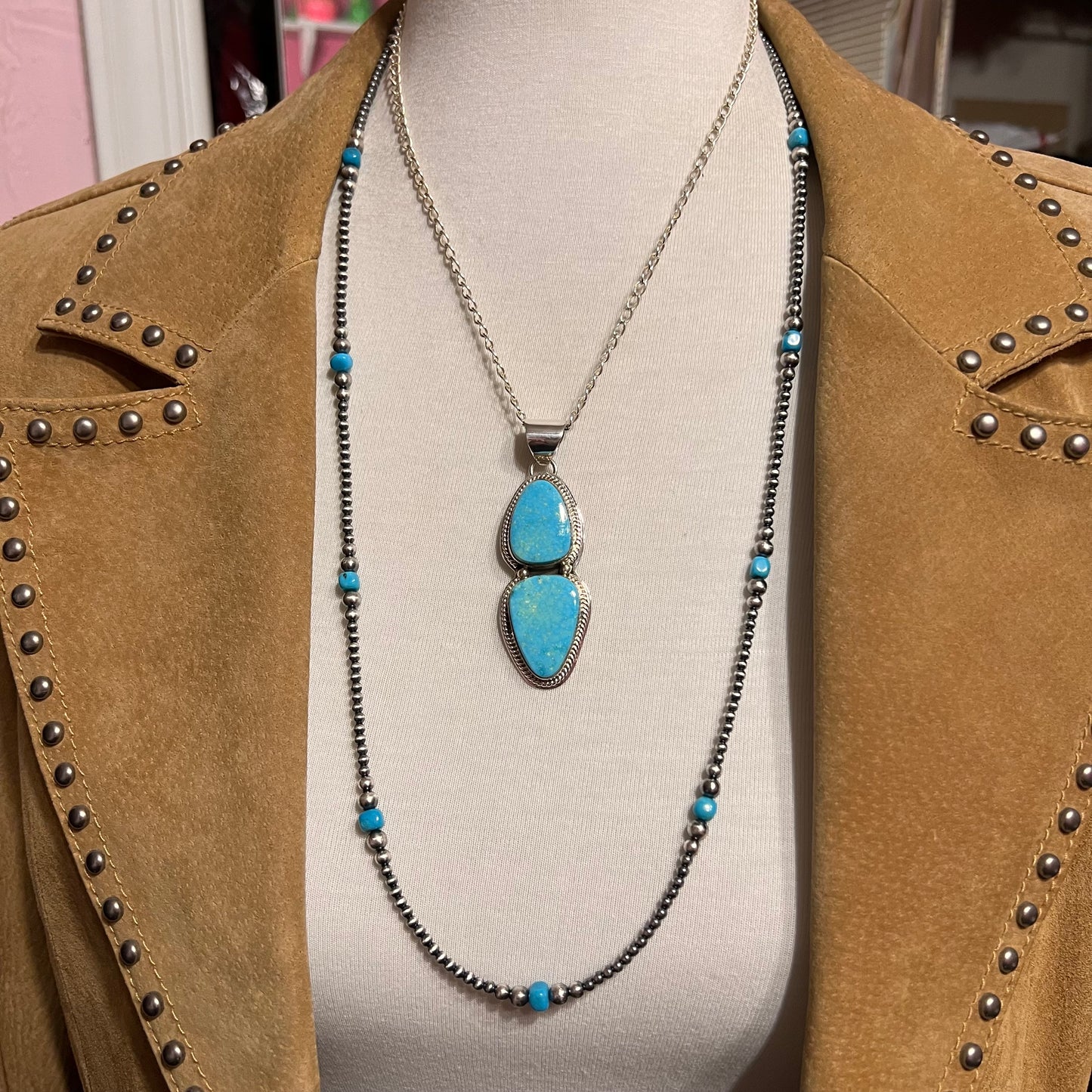 Blue Kingman Turquoise Pendant, Sterling silver, 18” chain necklace, Native American handmade Lyle Piaso,