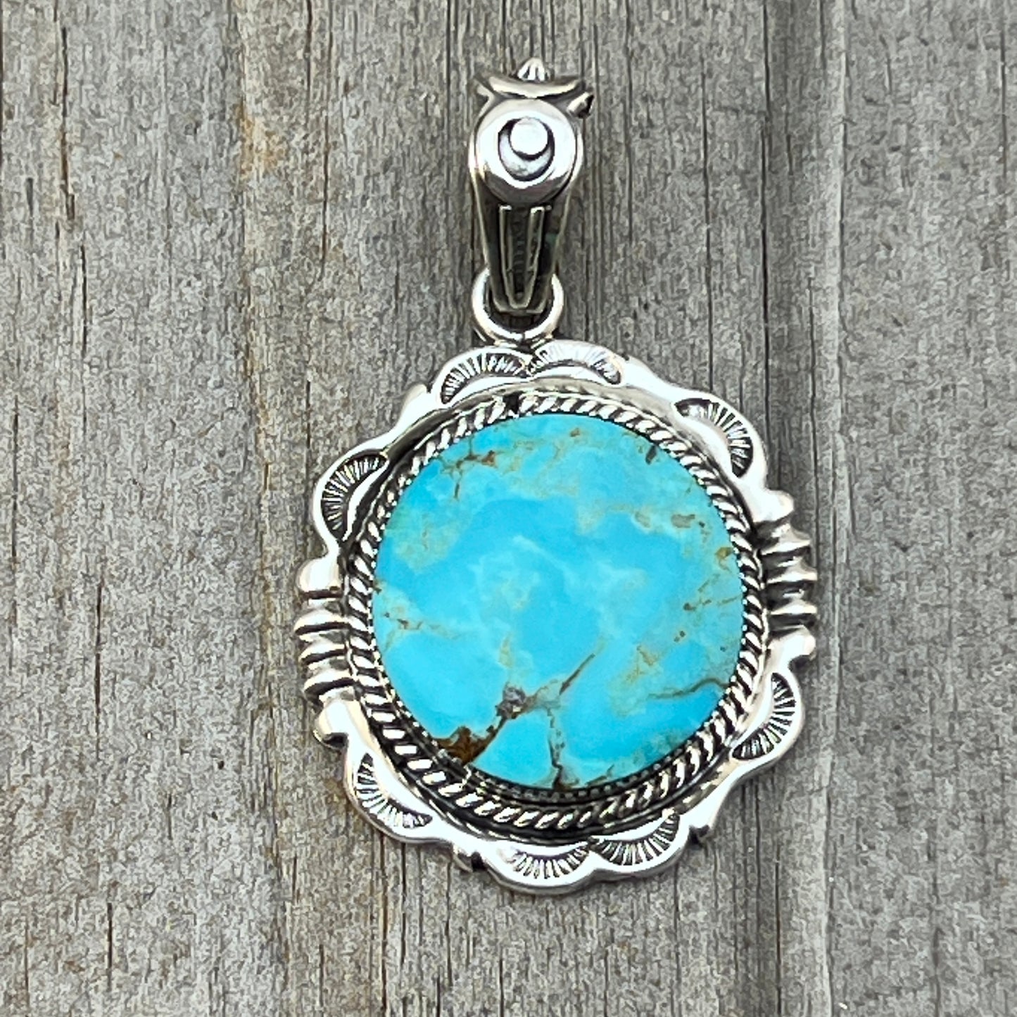 Kingman Turquoise Pendant Sterling silver Navajo handmade Jeremy Delgarito 764