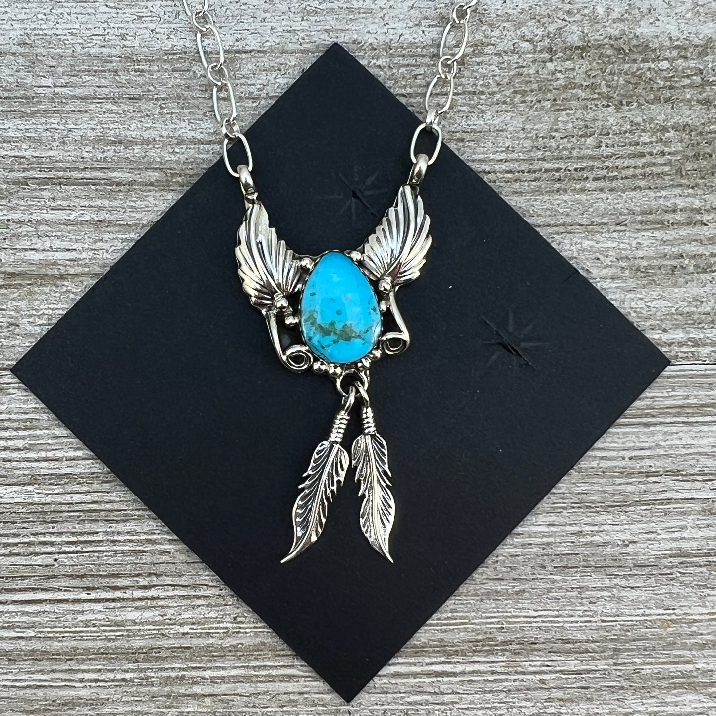 18" Blue Kingman turquoise feather necklace #1, sterling silver, Navajo handmade by Sadie Jim