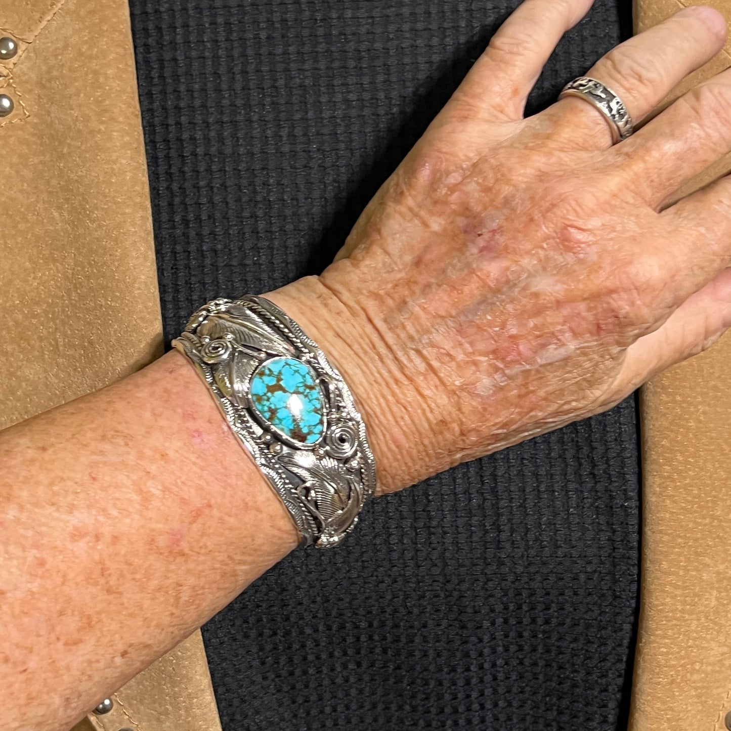 6 1/4" Kingman Turquoise floral cuff bracelet sterling silver Darrell Morgan BR4