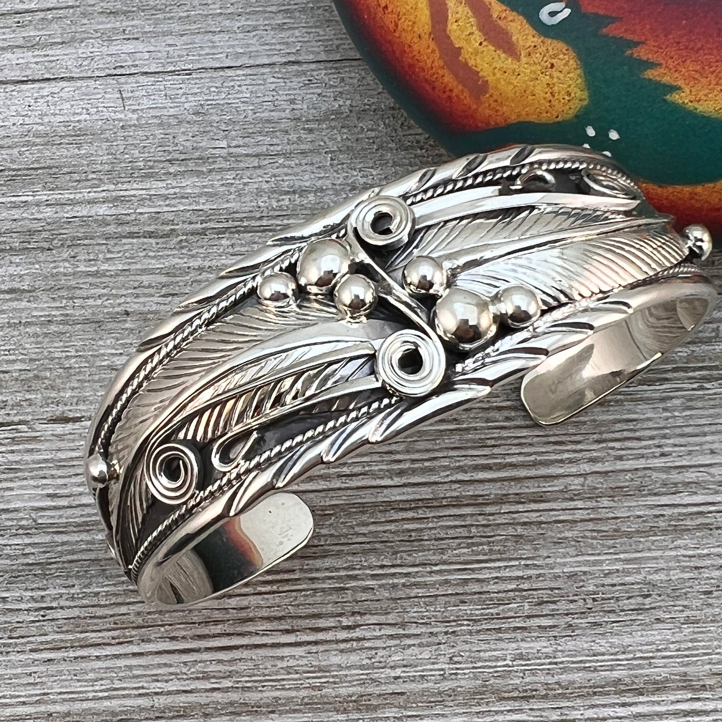 7" Sterling Silver Floral leaves Cuff bracelet, Navajo handmade Davey Morgan signed