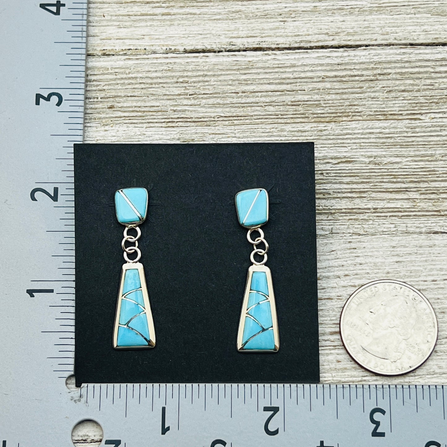 Modern Turquoise fish scale inlay Dangle earrings Stewart Tucson Zuni Sterling silver ER44