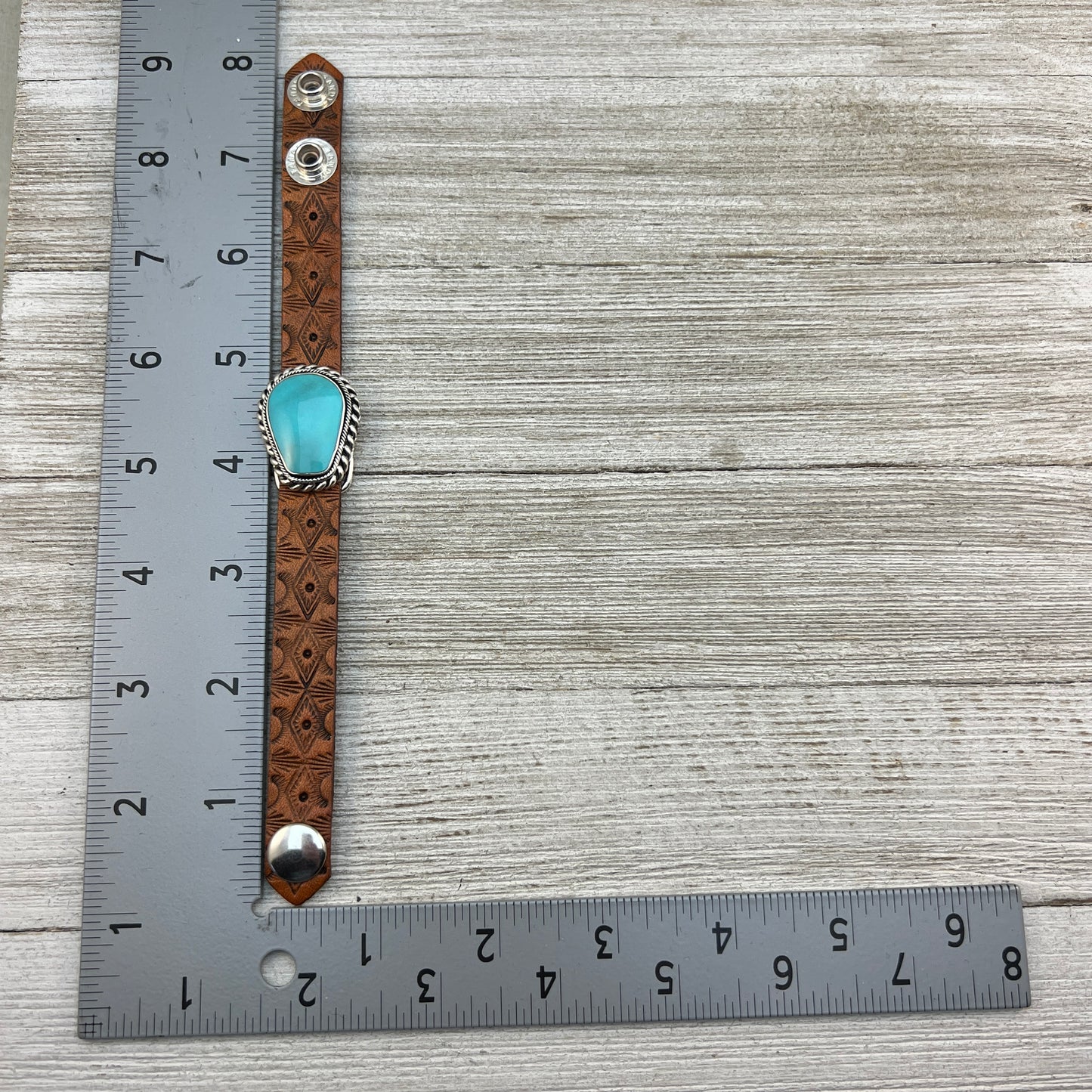 Real Turquoise leather Sterling silver bracelet adjustable Navajo Mike Smith Size 6.25, 7