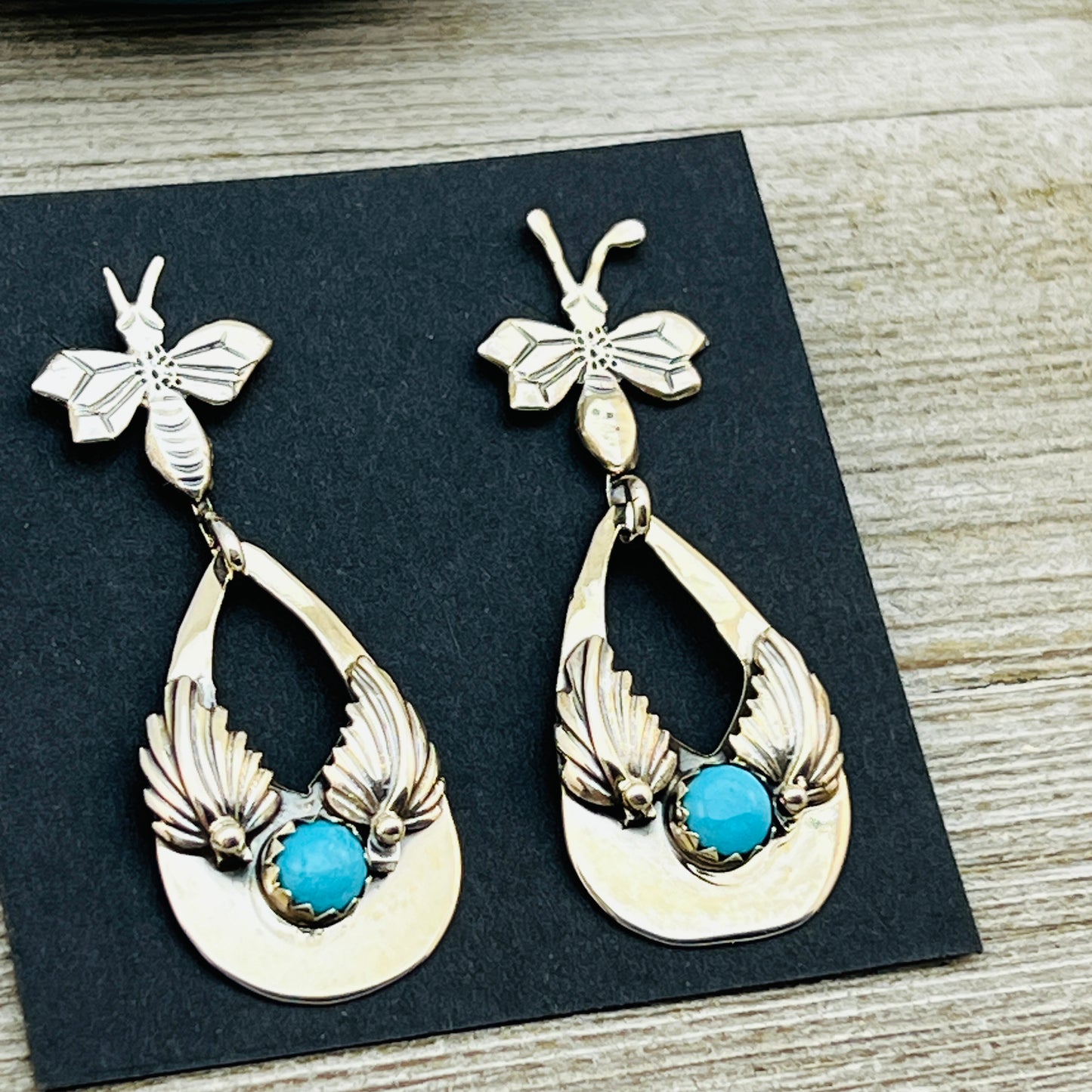 Turquoise Door knocker style modern Dragonfly earrings Sterling silver Phyllis Smith ER16