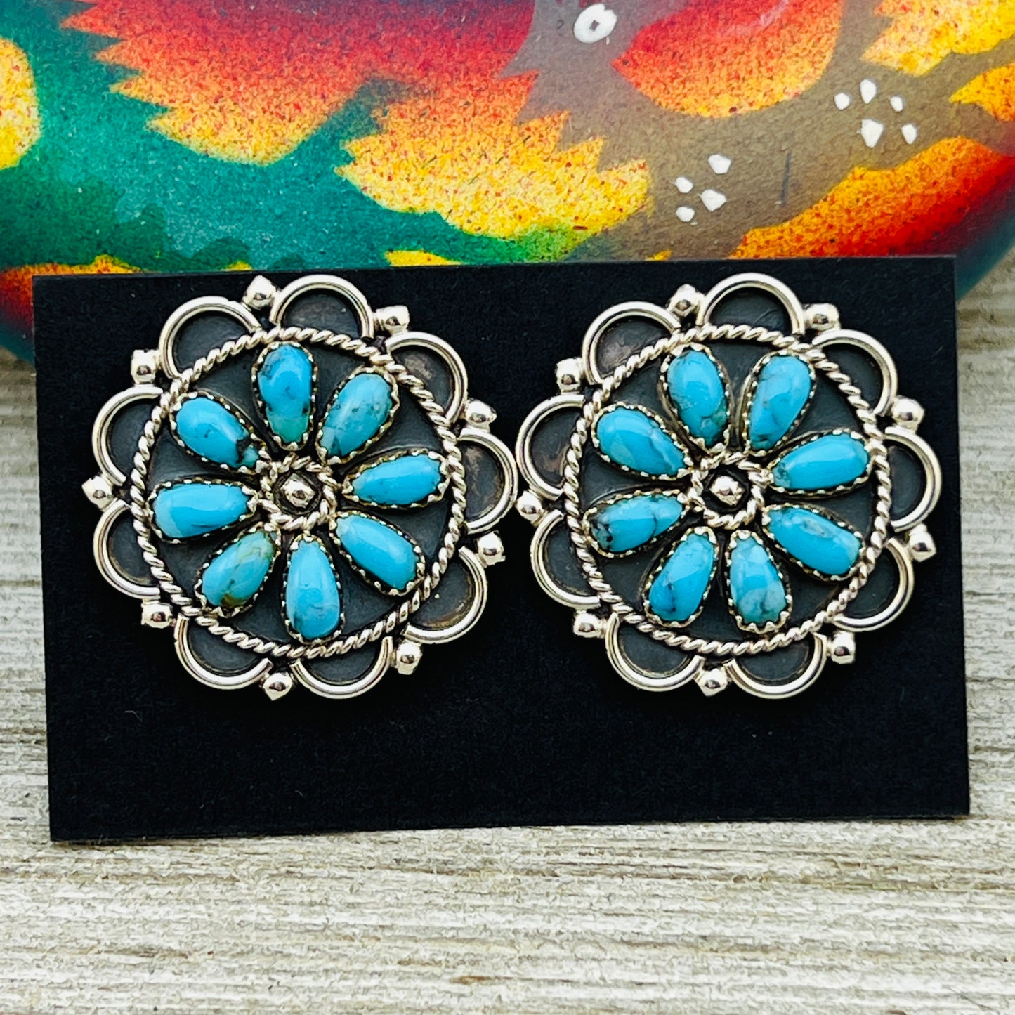 Turquoise Petit Point Round Cluster Earrings Gerald Mitchell signed Sterling silver ER1