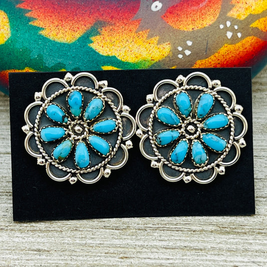 Turquoise Petit Point Round Cluster Earrings Gerald Mitchell signed Sterling silver ER1