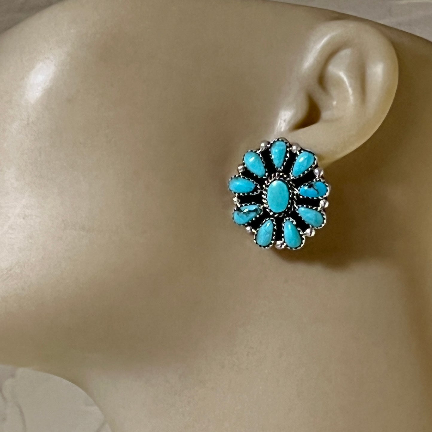 Blue Turquoise petit point cluster stud Earrings sterling silver Navajo Eunise Wilson