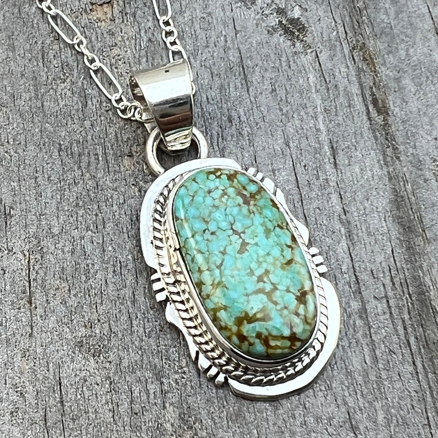 18" Sterling silver #8 Spiderweb turquoise necklace pendant Lucy Valencia Navajo 621