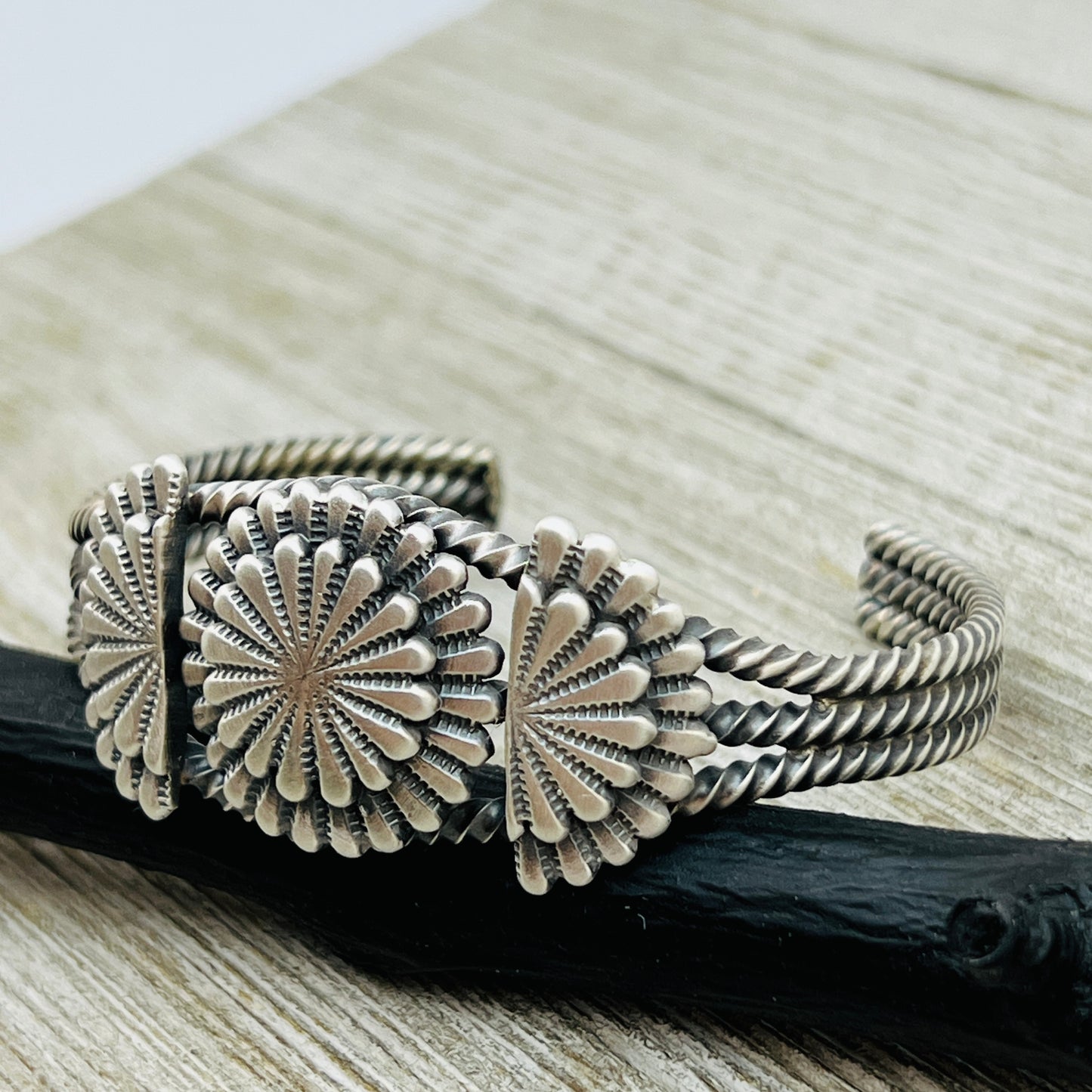 6" Sterling Silver Concho cuff bracelet with twisted wire rope trim Navajo BR40