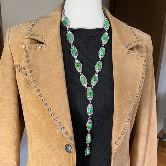Beautiful Green Sonoran Turquoise Lariat Necklace Sterling silver Randy Boyd