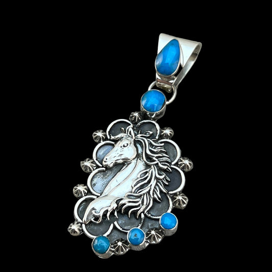 Blue Kingman turquoise horse pendant sterling silver Jennifer Cayaditto Navajo 817