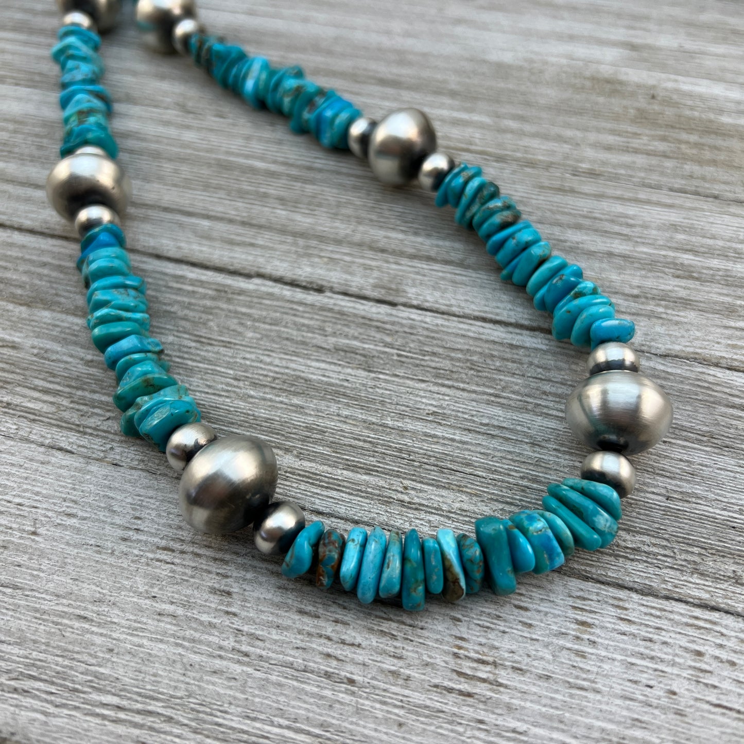 29” long blue turquoise bead nuggets necklace #2, sterling silver handmade Navajo pearls