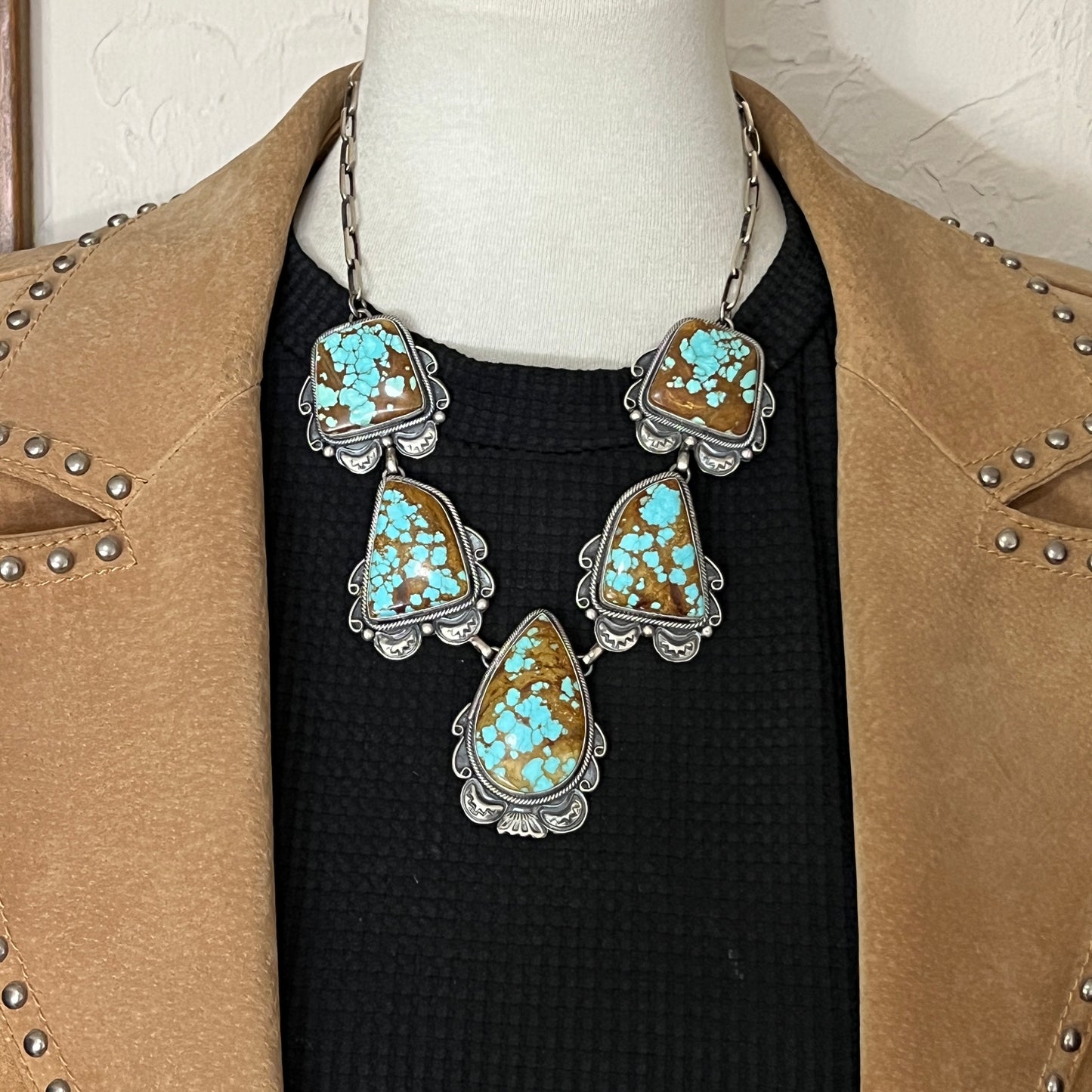 #8 Turquoise Station Necklace Earrings Set Sterling Silver Navajo Paul Livingston 641