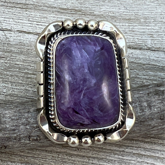 Size 8 3/4 Charoite sterling silver handmade ring #2, Navajo Samuel Yellowhair