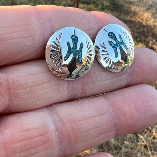 Turquoise Chip inlay Peyote bird small concho earrings Sterling silver Sally Shurley 439