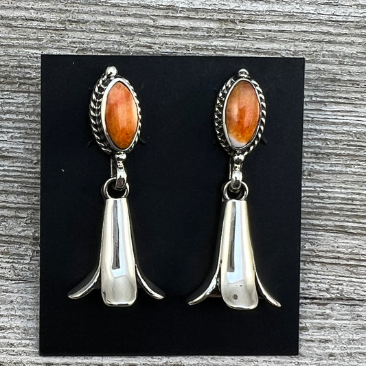 Orange Spiny Squash Blossom dangle earrings sterling silver turquoise Sheena Jack 411