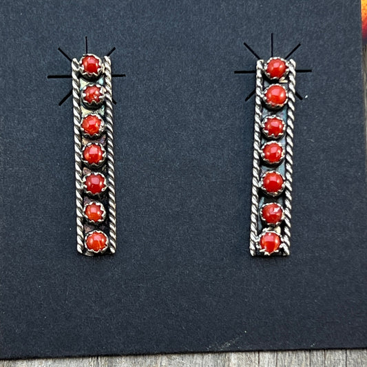Red Coral Dot Bar earrings sterling silver Janice Spencer Navajo handmade 697
