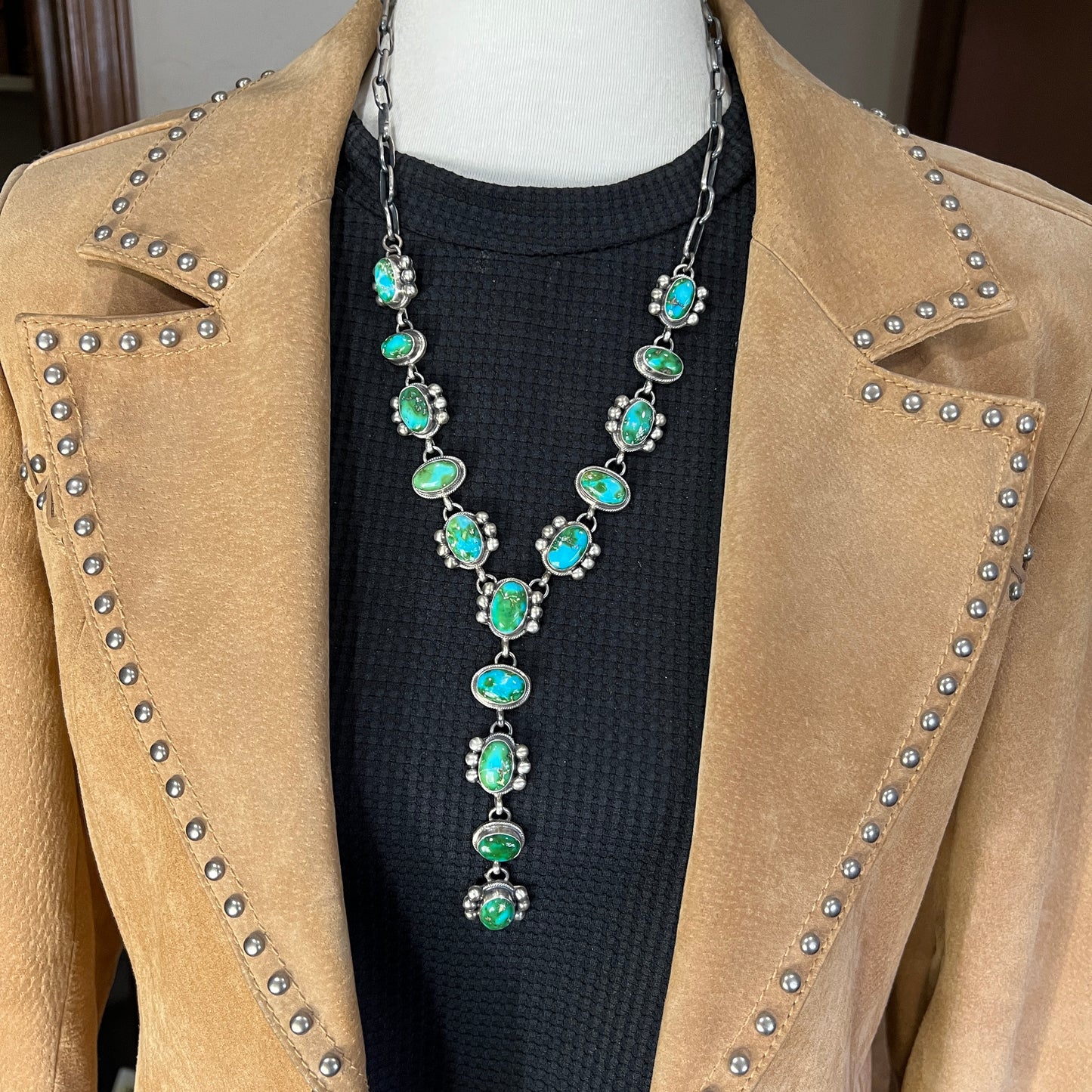 Polychrome Sonoran Turquoise Lariat Necklace Sterling silver Kathleen Livingston