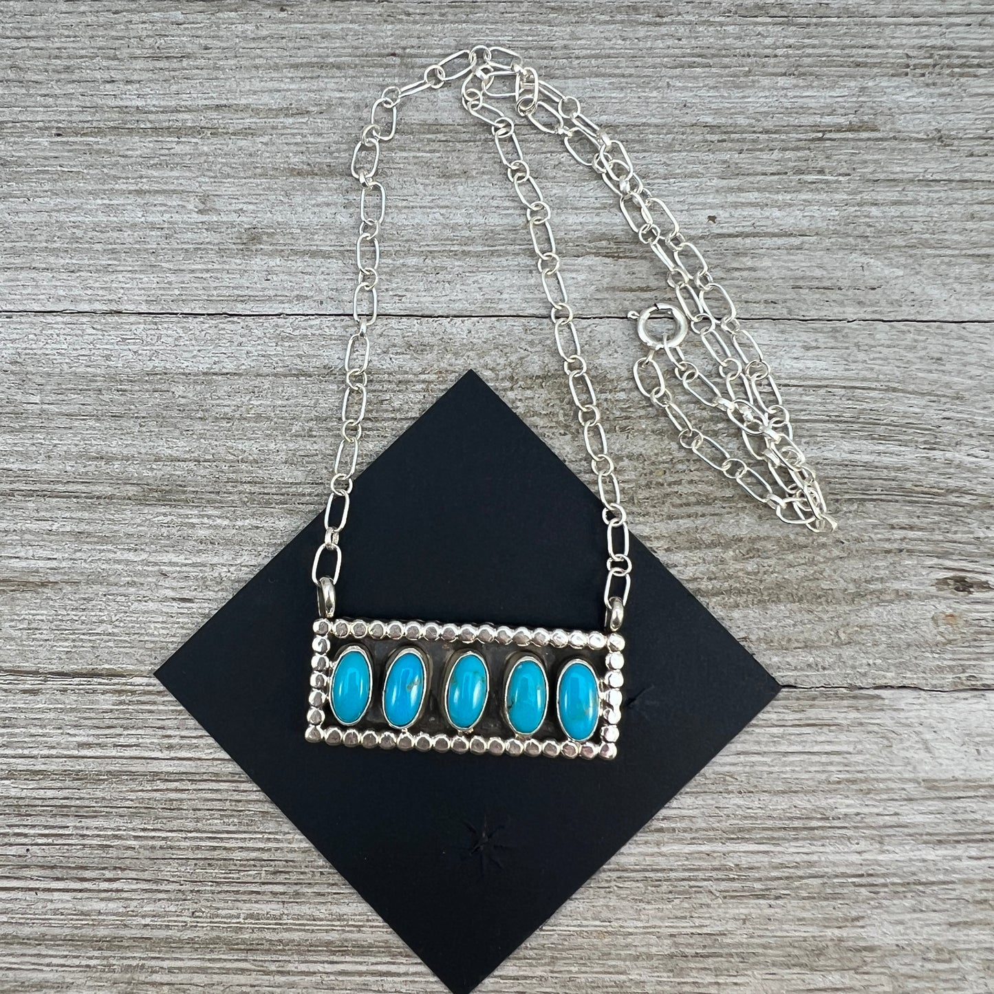 18" Blue Campitos turquoise rectangle bar necklace #1, Navajo handmade, sterling silver