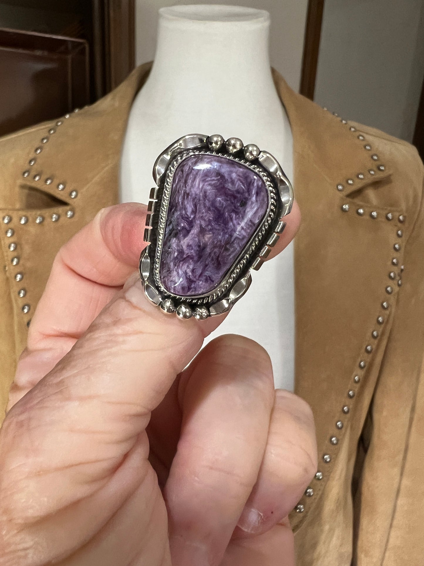 Size 6 Charoite sterling silver handmade ring #6, Navajo Samuel Yellowhair