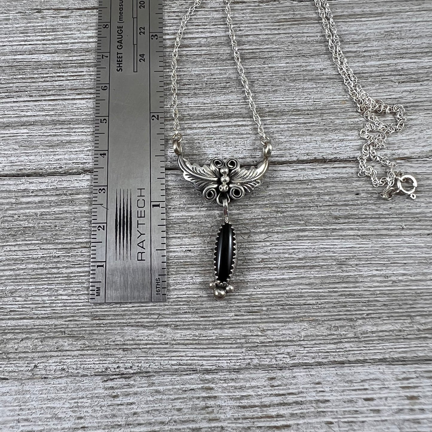 Black Onyx 18" Necklace sterling silver leaves design, small dainty