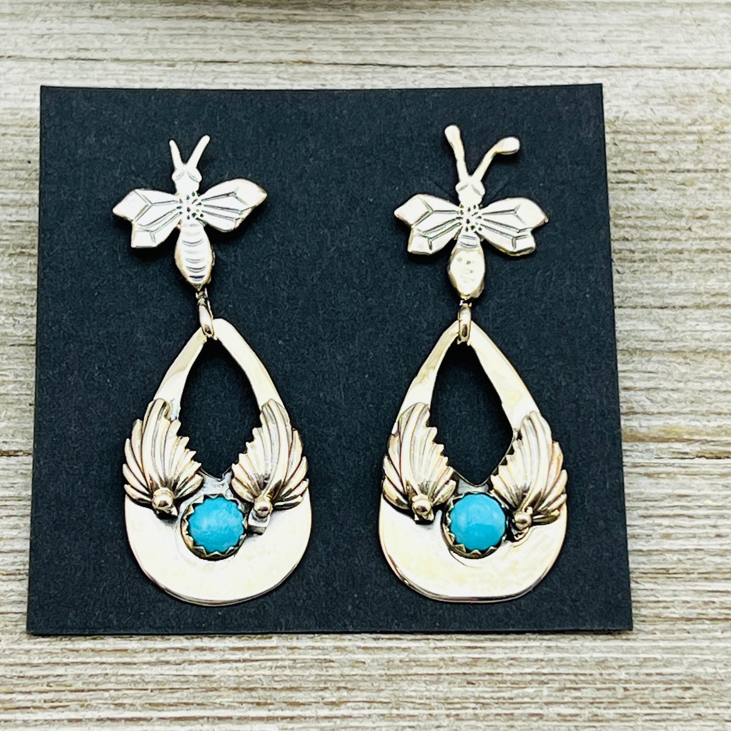 Turquoise Door knocker style modern Dragonfly earrings Sterling silver Phyllis Smith ER16