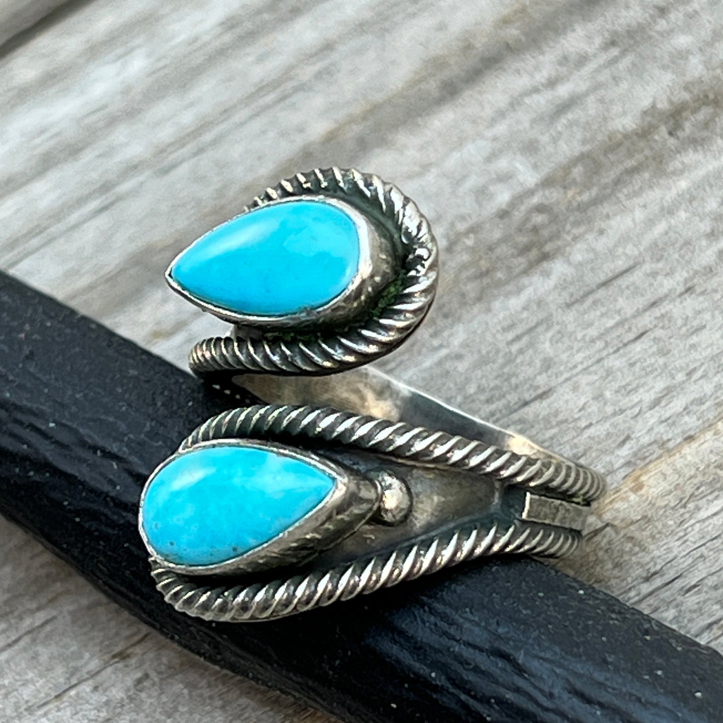 Size 7.75 Light Blue Turquoise Wrap Sterling Silver Ring handmade Kenny Lonjose 654