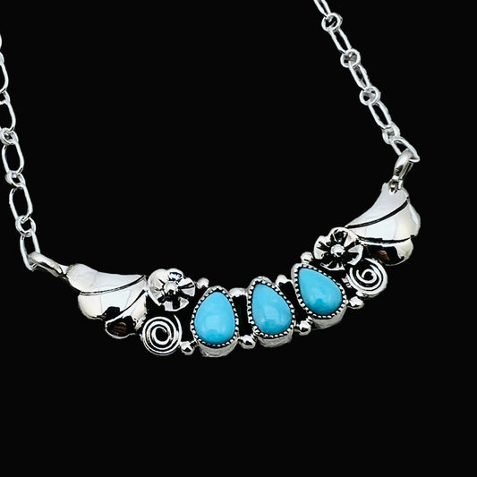 19" adjustable Blue Campitos 3 stone floral bar necklace Sterling Silver NK25