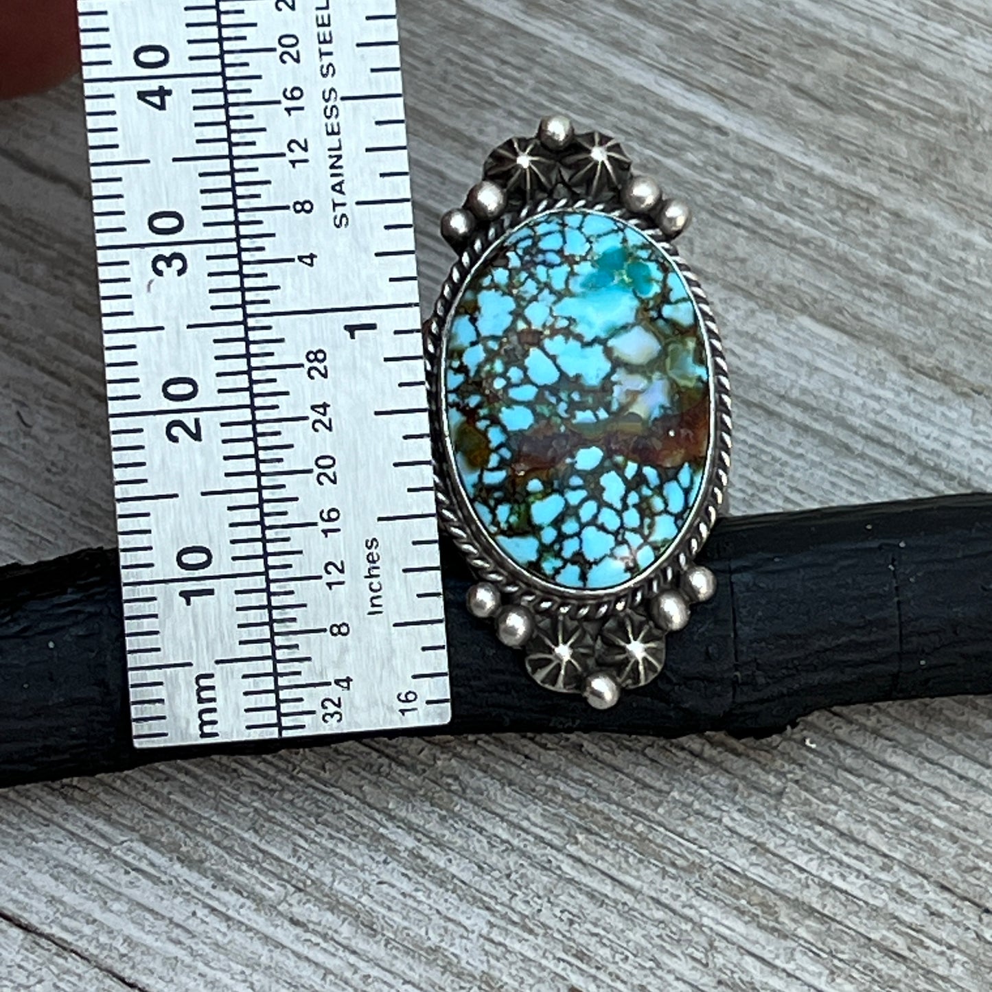 Size 8.5 Spiderweb Kingman Turquoise Ring Navajo handmade Samuel Yellowhair