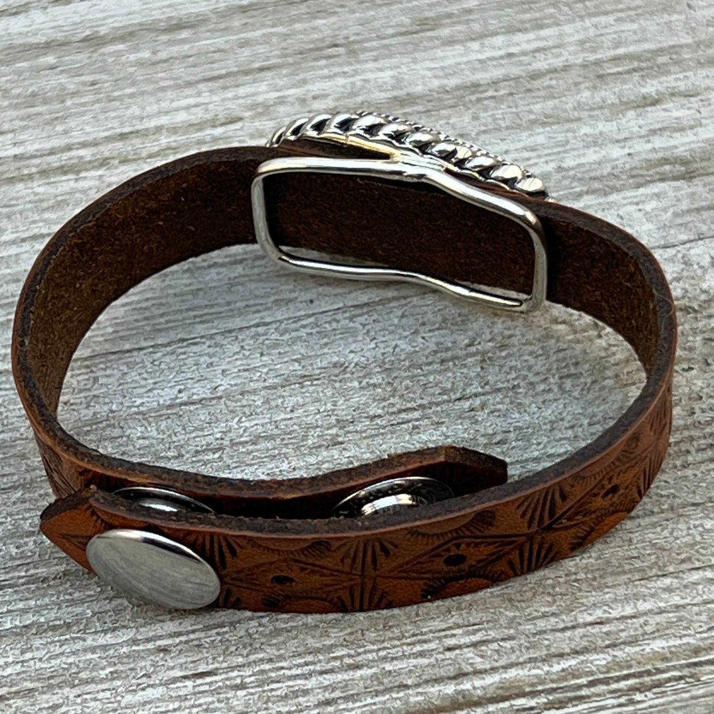 Real Turquoise leather Sterling silver bracelet adjustable Navajo Mike Smith Size 6.25, 7