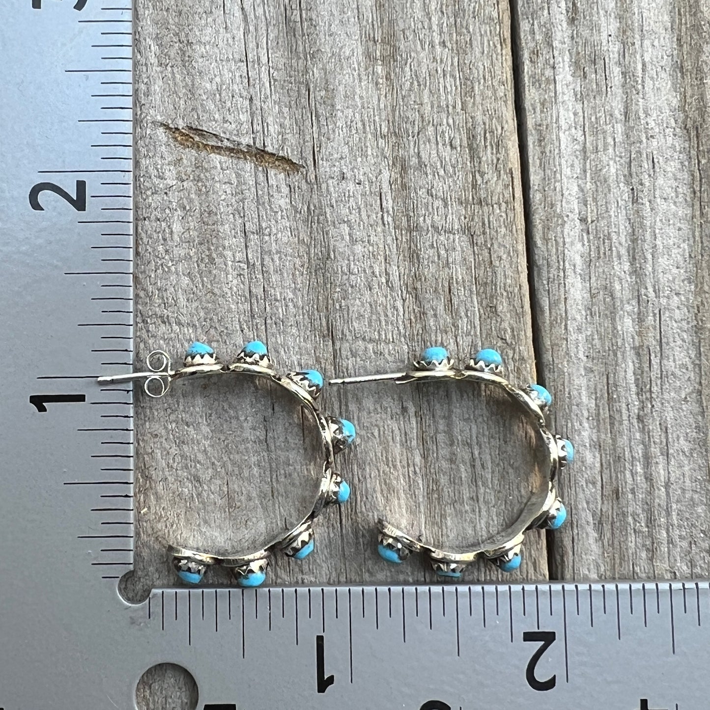 Turquoise dot snake eye 1" hoop earrings sterling silver Florenda Lonasee handmade 705