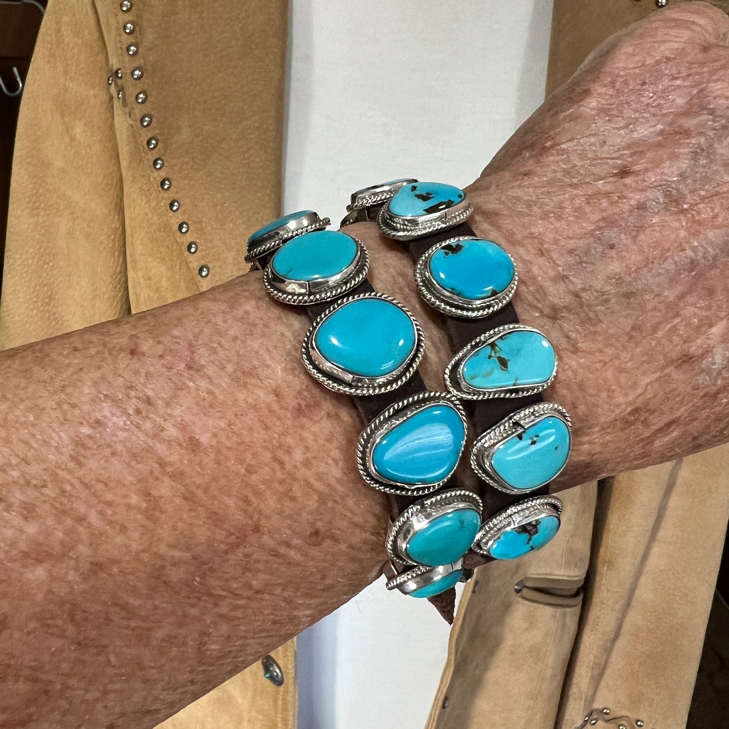 Real Turquoise leather Sterling silver bracelet #3, adjustable Navajo Marlene Ramone