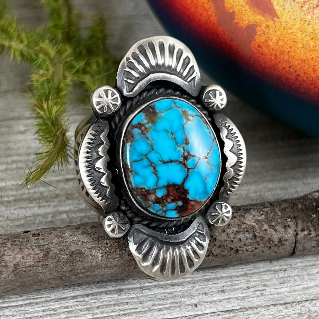 Size 8 / H  Beautiful High Grade, Blue, Kingman spiderweb Turquoise ring, Heavy handmade by Navajo artist, Gilbert Tom, signed,