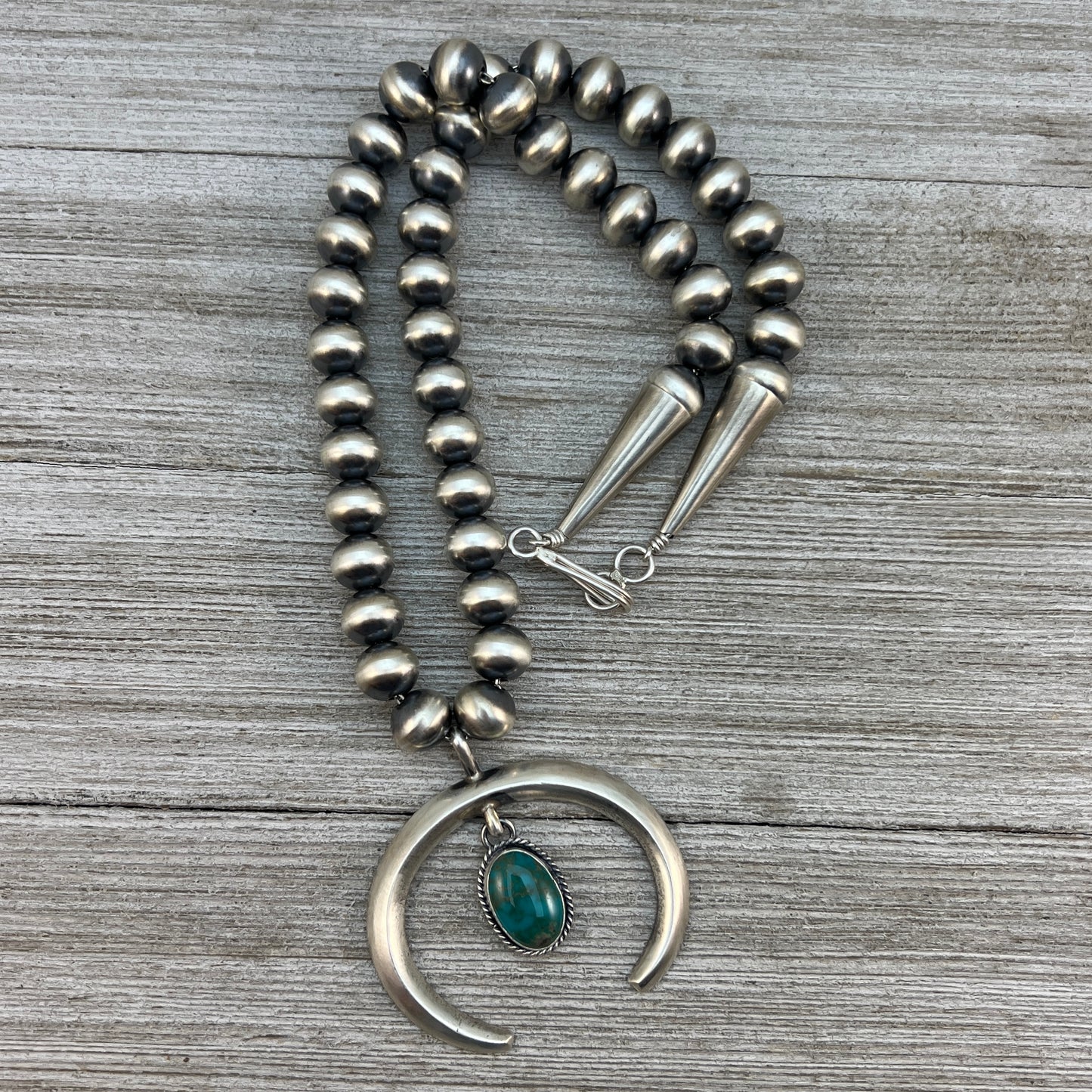18" Navajo sterling silver pearl necklace 2 turquoise naja Rena Begay