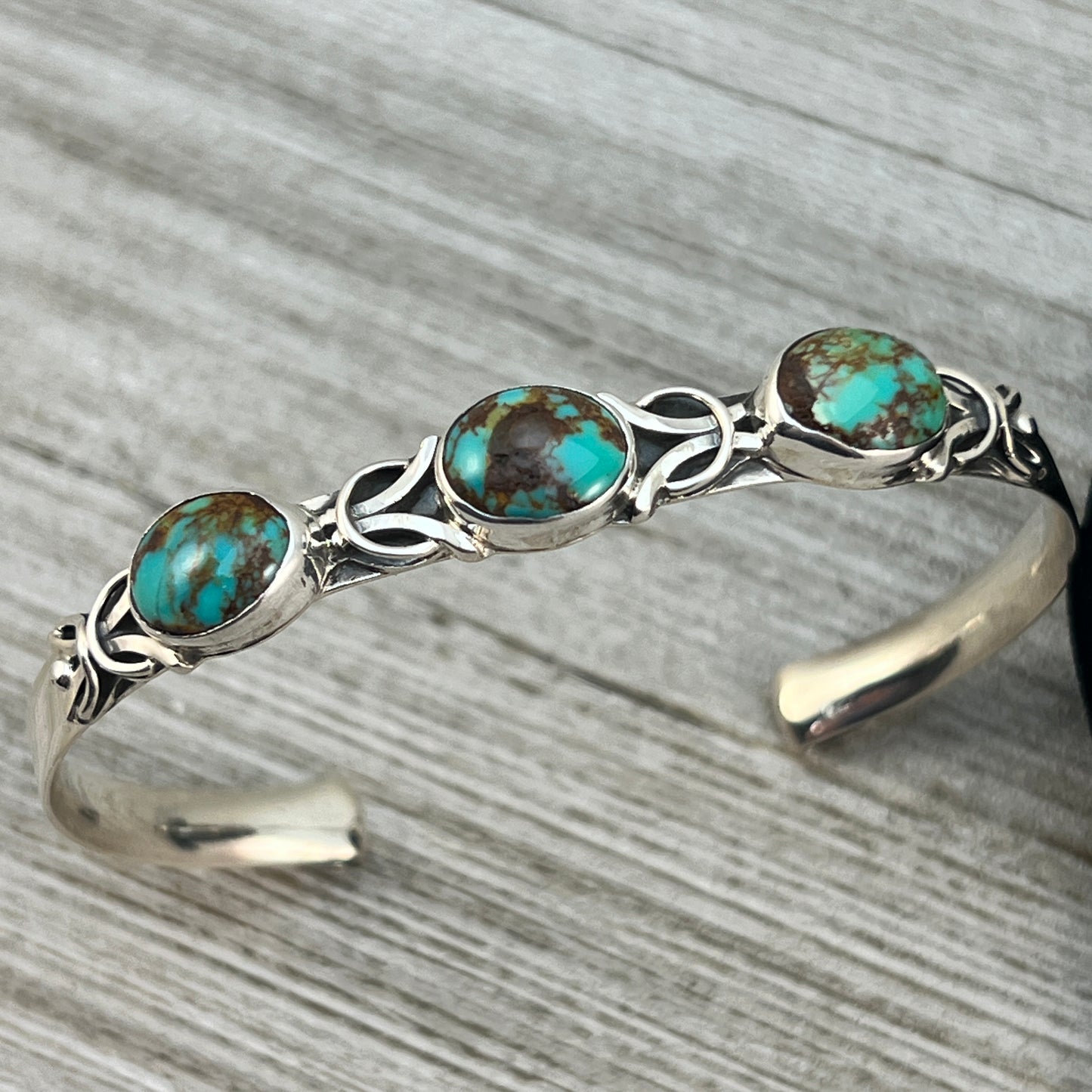 6 1/2" - 7" Kingman Turquoise narrow stacker cuff bracelet #5, Navajo handmade Thomas Yazzie, sterling silver artist signed