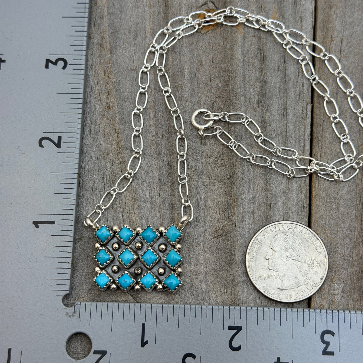 18 1/2" Turquoise Square Station Necklace Navajo Sterling Silver Verley Betone 1