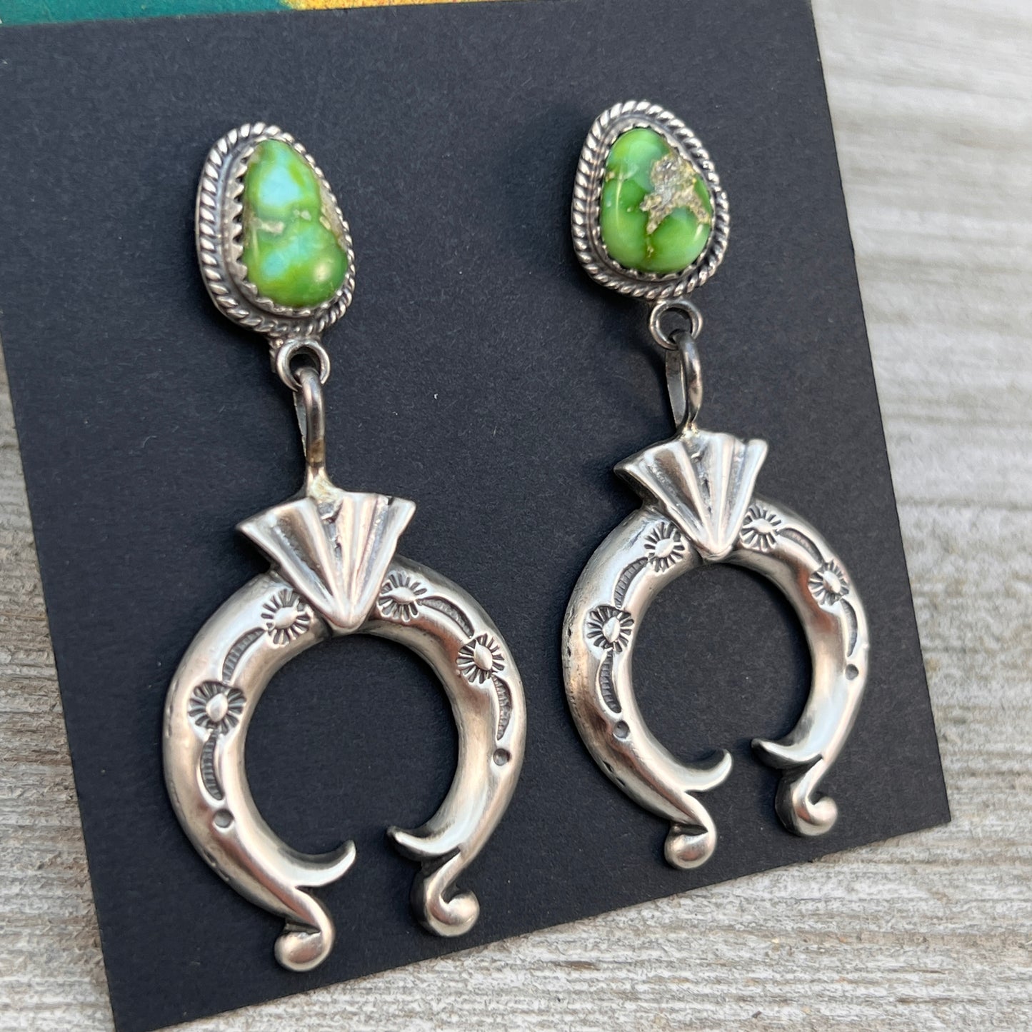 Green Sonoran Turquoise Naja Earrings 8, Navajo Paige Gordon Sterling Silver