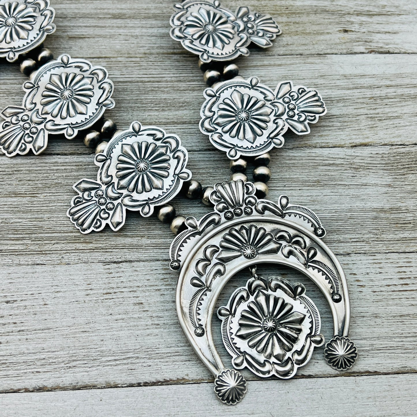 Large all silver Terry Charlie Squash Blossom Necklace Stamped repousse Navajo handmade NK1