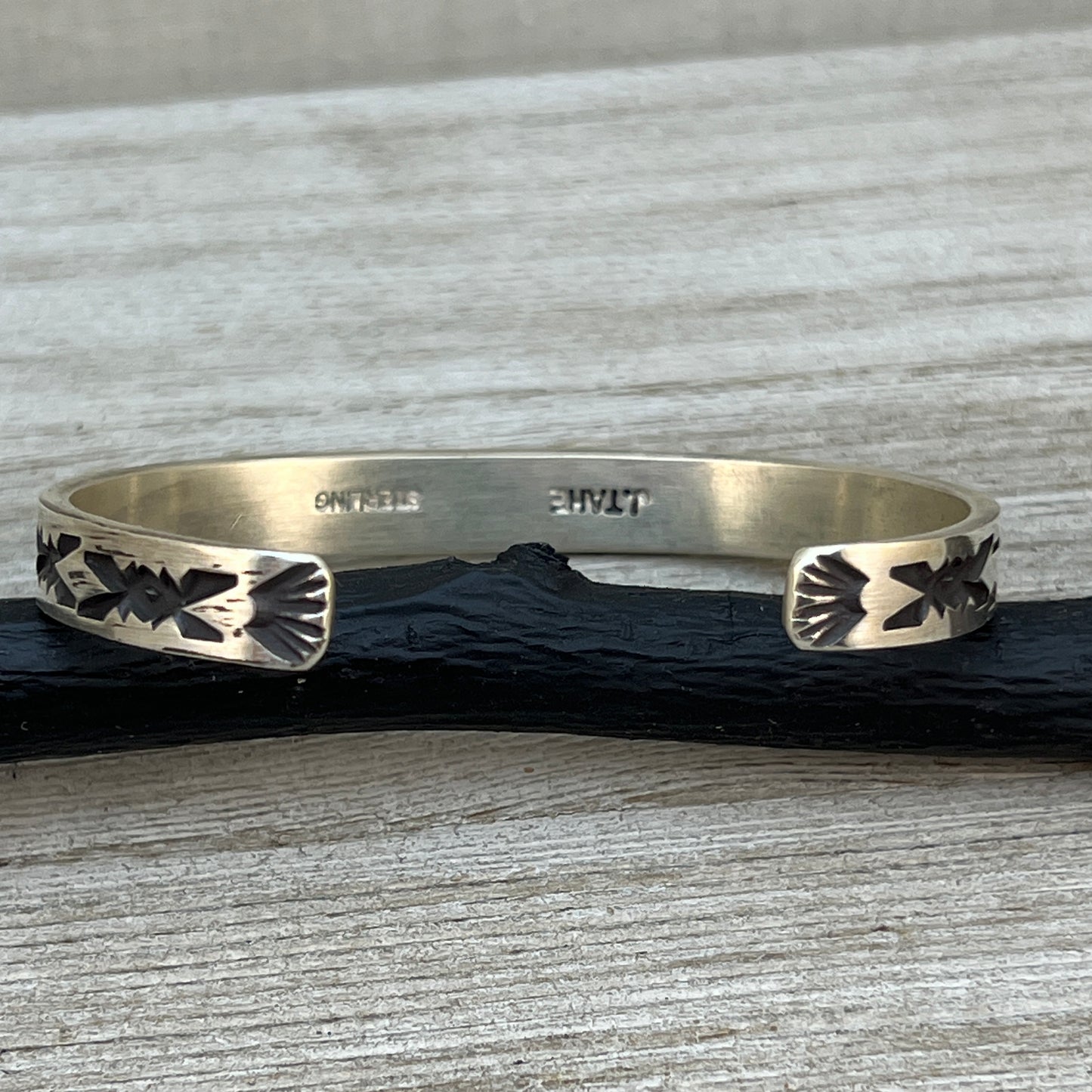 7.25" Sterling silver narrow deep stamped Cuff Bracelet Navajo Jerrold Tahe men's boho