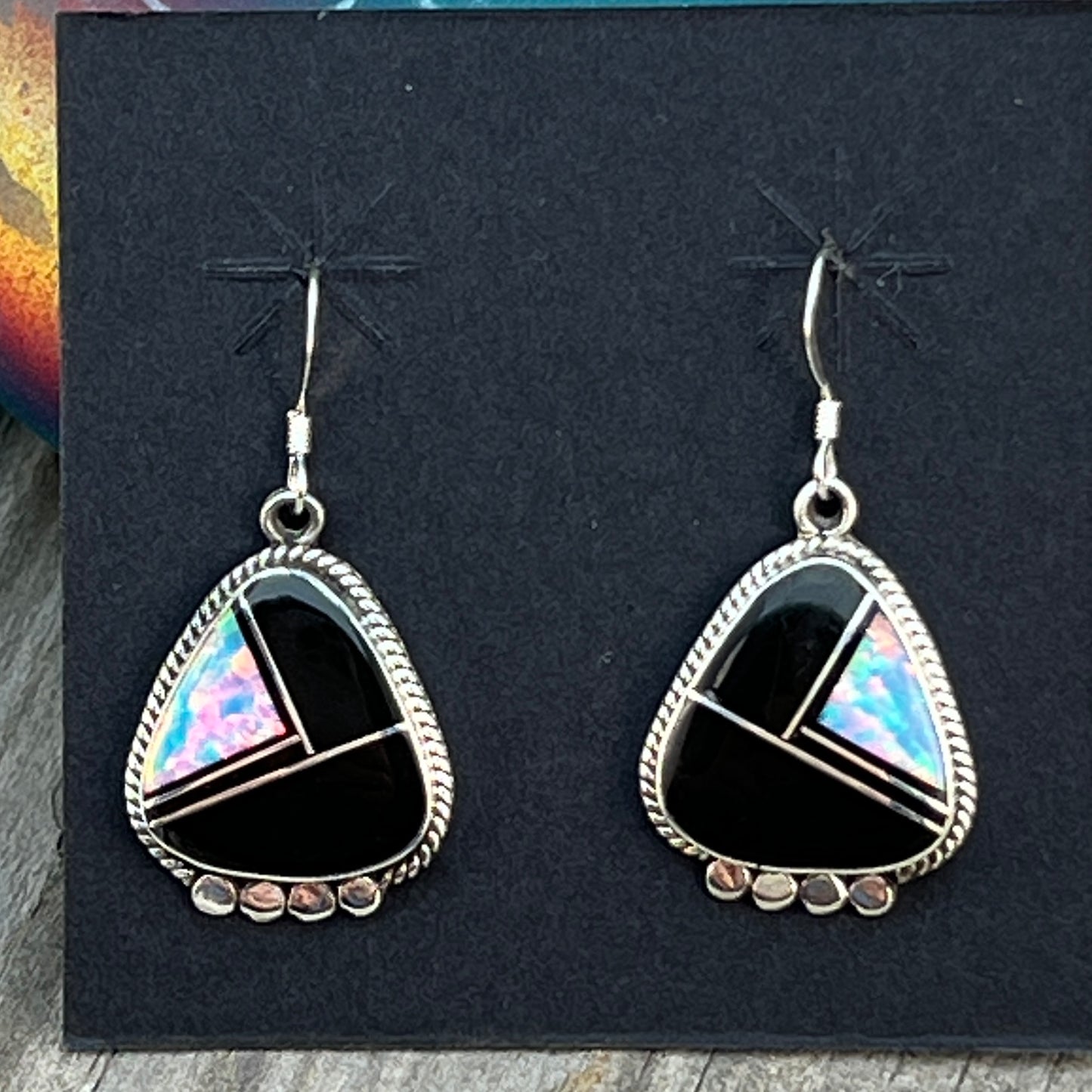 Modern Green Black jet opal inlay Earrings Sterling Silver James Manygoats Navajo 672