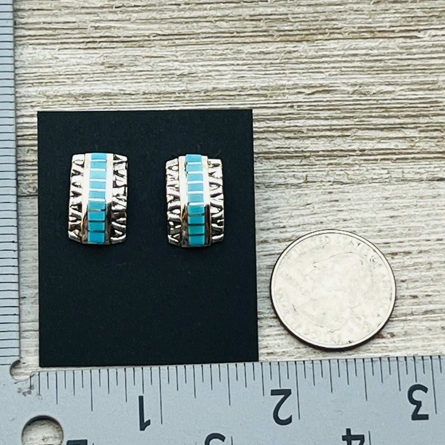 Small modern Turquoise inlay semi - hoop earrings Janelle Shebola Zuni Sterling silver ER42