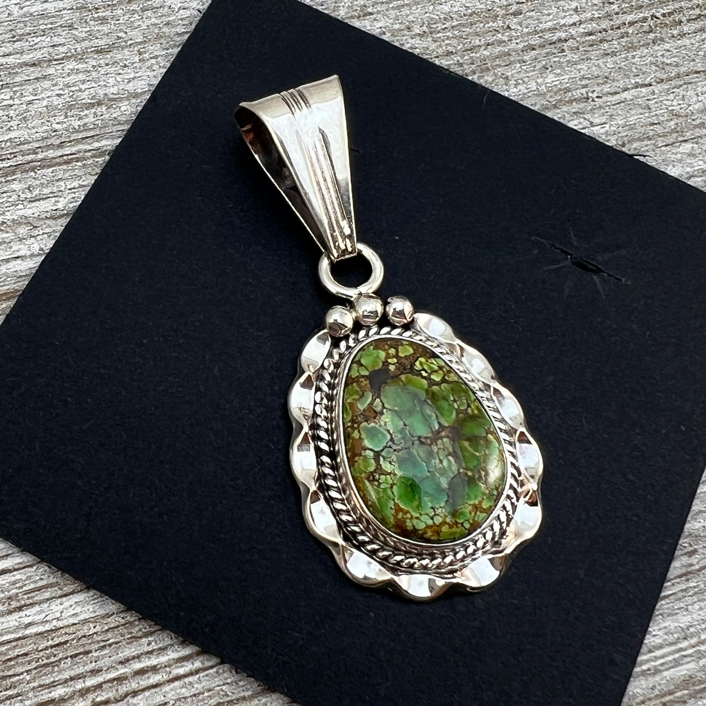 Green Sonoran Turquoise Pendant 1, Sterling Silver Samuel Yellowhair