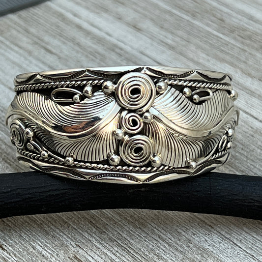 6.75" all silver floral Cuff Bracelet Navajo Darrell Morgan signed western floral design