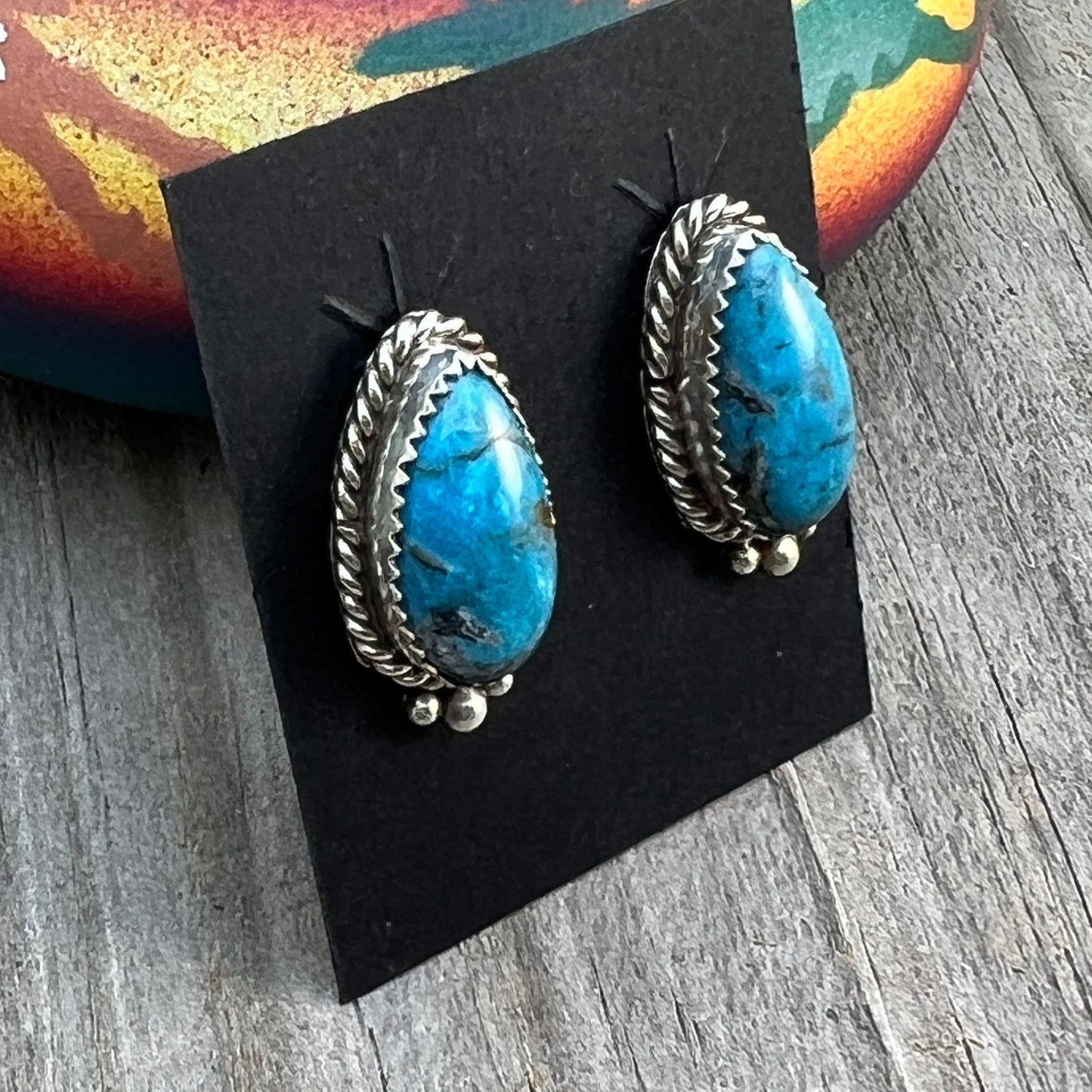 Blue Kingman Turquoise Teardrop stud earrings sterling silver Theresa Smith Navajo 716