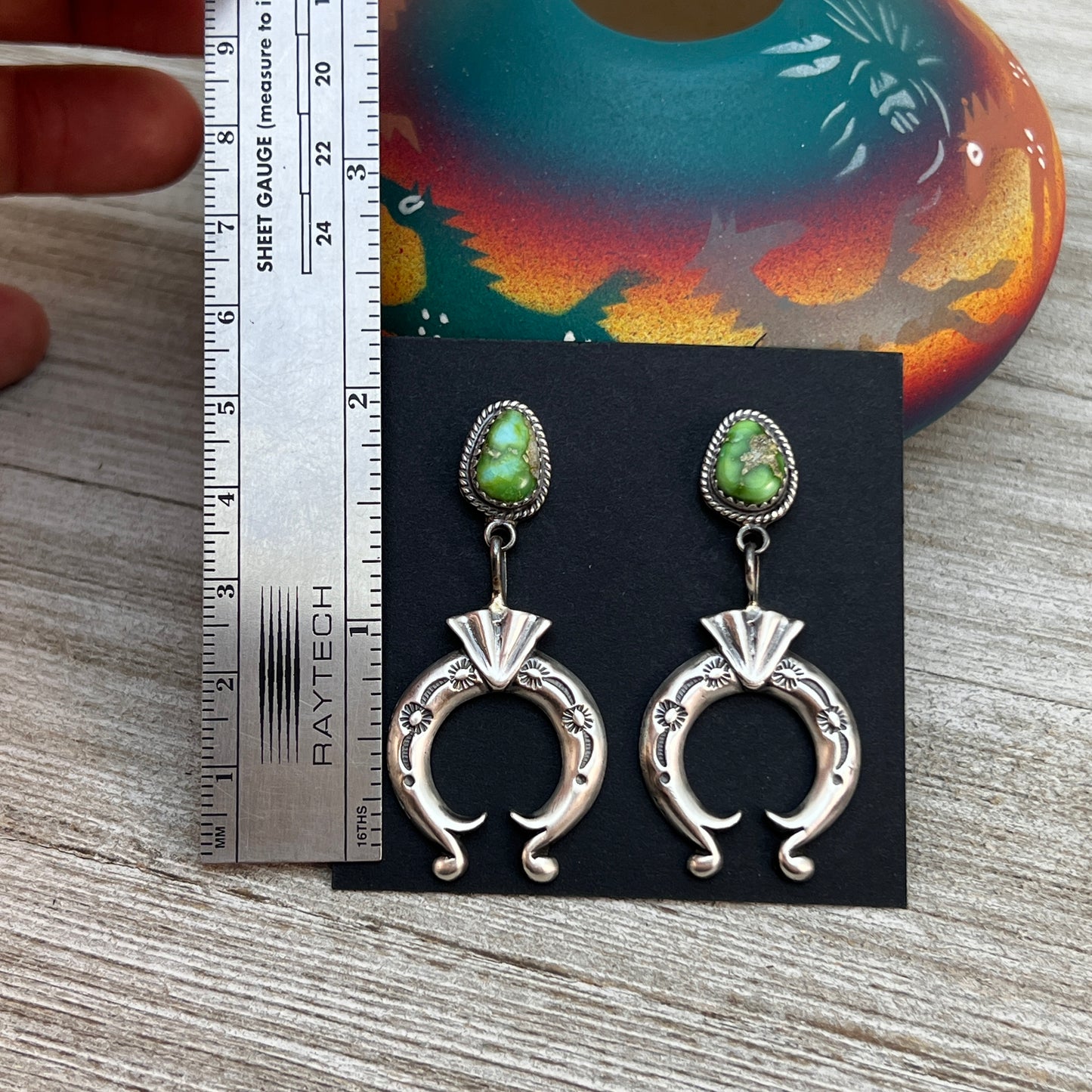 Green Sonoran Turquoise Naja Earrings 8, Navajo Paige Gordon Sterling Silver